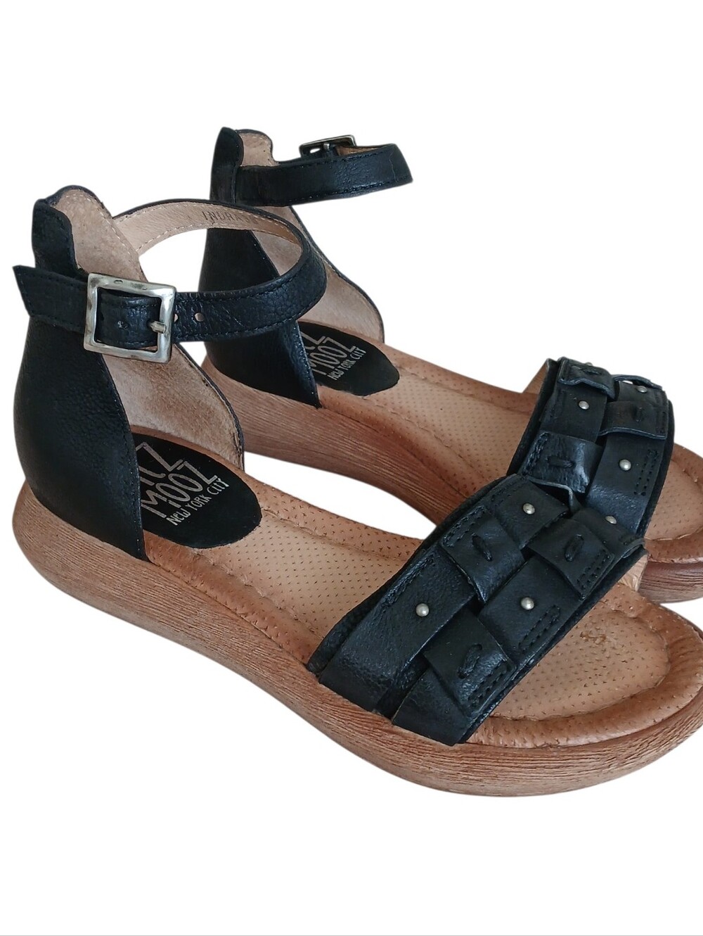 MIZ MOOZ Indra Ankle Strap Leather Sandals Women's 8 Black Studded Woven Buckle